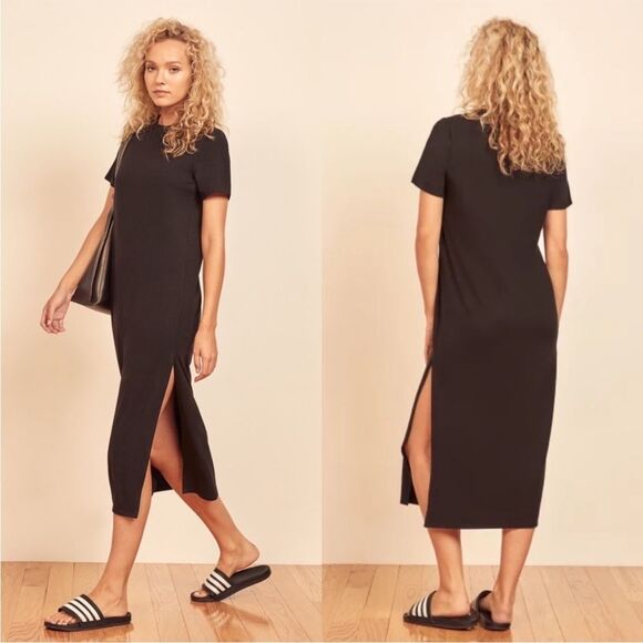 Reformation Black Kassia Midi Tee Shirt Dress with side slits size medium - Picture 1 of 14